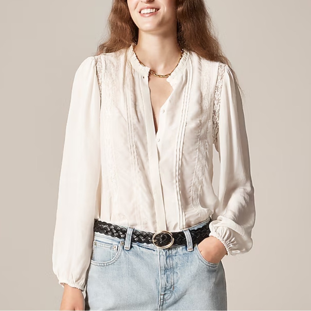 J Crew Lace-Trim Pintuck Top In Crepe De Chine Ivory
